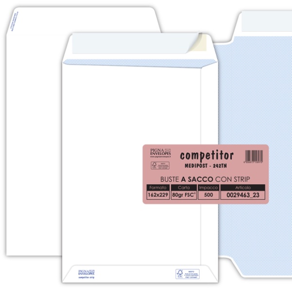 Buste a sacco con strip Pigna - bianco - 16x23 cm - 80 g/mq - strip - 0029463 (conf.500)