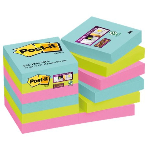 Foglietti Post-it&reg; Super Sticky Miami  - assortiti a tema Miami - 47,6x47,6 mm - 622-12SS-MIA (conf.12)