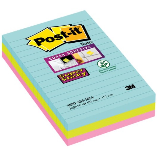 Foglietti Post-it&reg; Super Sticky Formato XXL a righe - 101x152 mm -   acqua , verde , rosa - 4690 (conf.3)