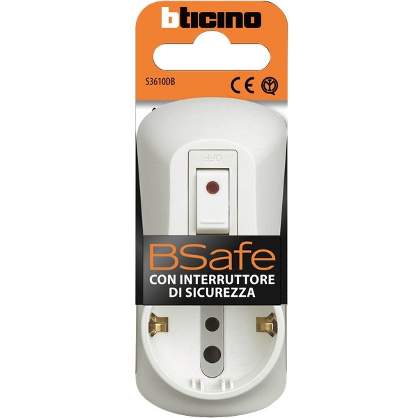 Adattatori Bticino - 1 presa 10A/schuko, 2 prese 10A ed interruttore luminoso bianco - 10A - S3610DB