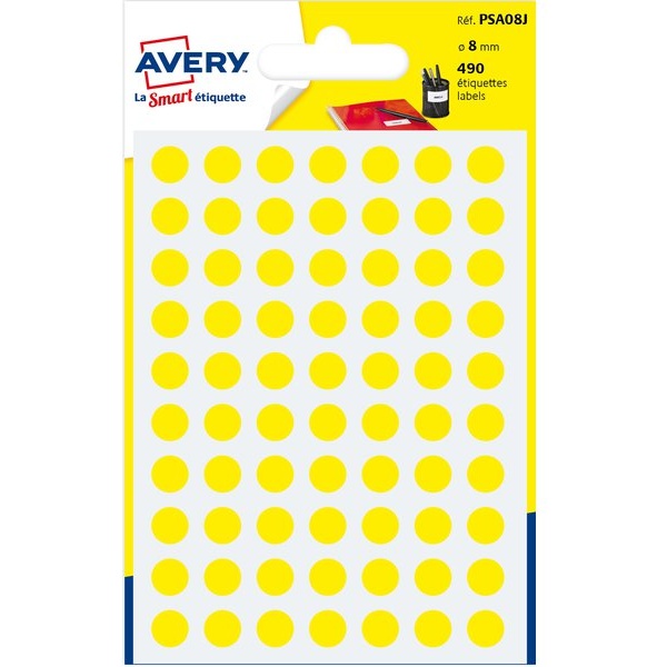 Etichette rotonde in bustina Avery - giallo - diam. 8 mm - 70 - PSA08J (conf.6)