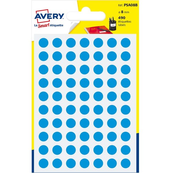Etichette rotonde in bustina Avery - blu - diam. 8 mm - 70 - PSA08B (conf.6)
