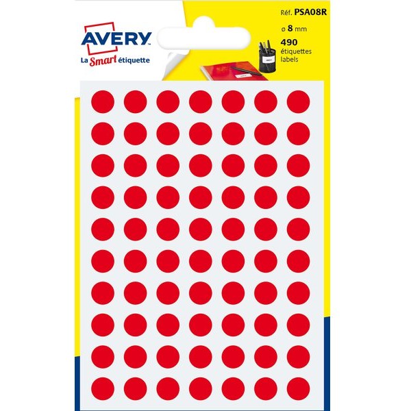 Etichette rotonde in bustina Avery - rosso - diam. 8 mm - 70 - PSA08R (conf.6)
