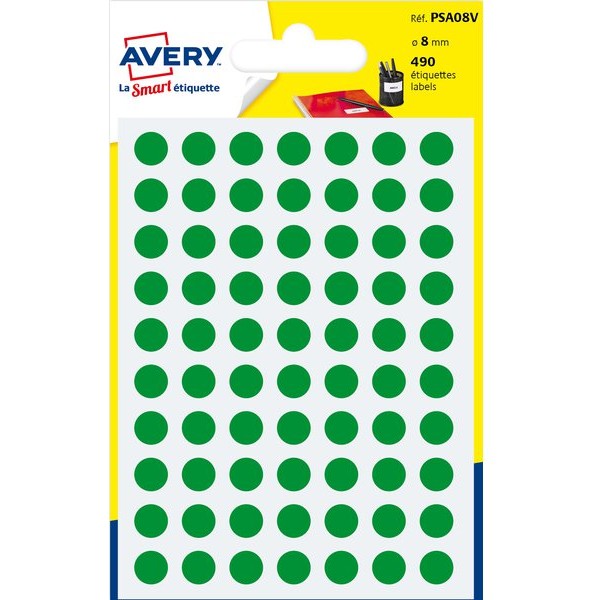 Etichette rotonde in bustina Avery - verde - diam. 8 mm - 70 - PSA08V (conf.6)