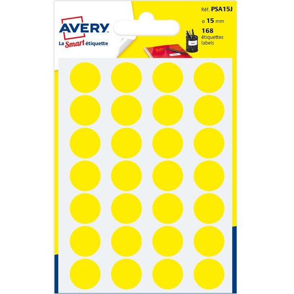 Etichette rotonde in bustina Avery - giallo - diam. 15 mm - 24 - PSA15J (conf.7)