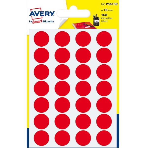 Etichette rotonde in bustina Avery - rosso - diam. 15 mm - 24 - PSA15R (conf.7)