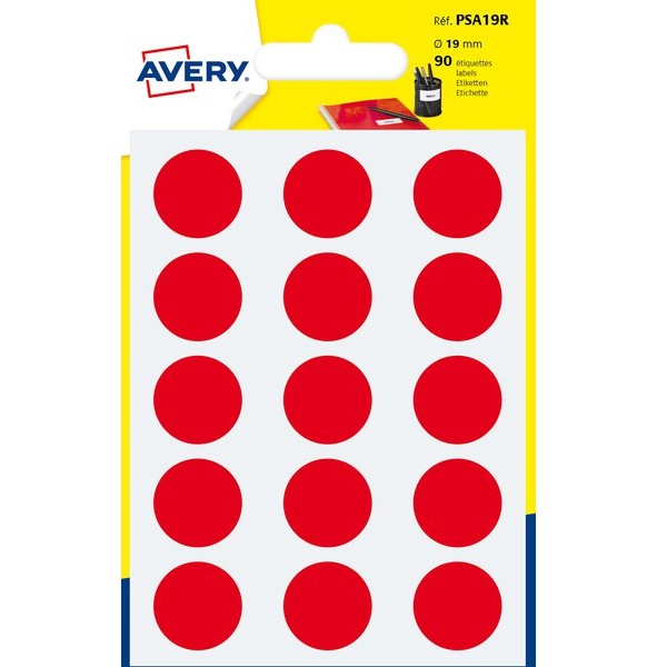 Etichette rotonde in bustina Avery - rosso - diam. 19 mm - 15 - PSA19R (conf.6)