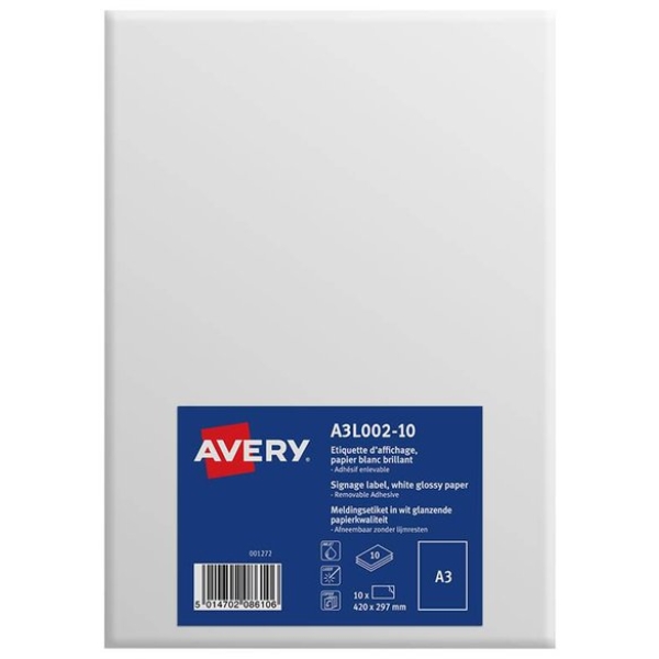 Etichette A3 carta bianca Avery - da -40&deg;C a +50&deg;C - 297x420 mm - A3L002-10 (conf.10)