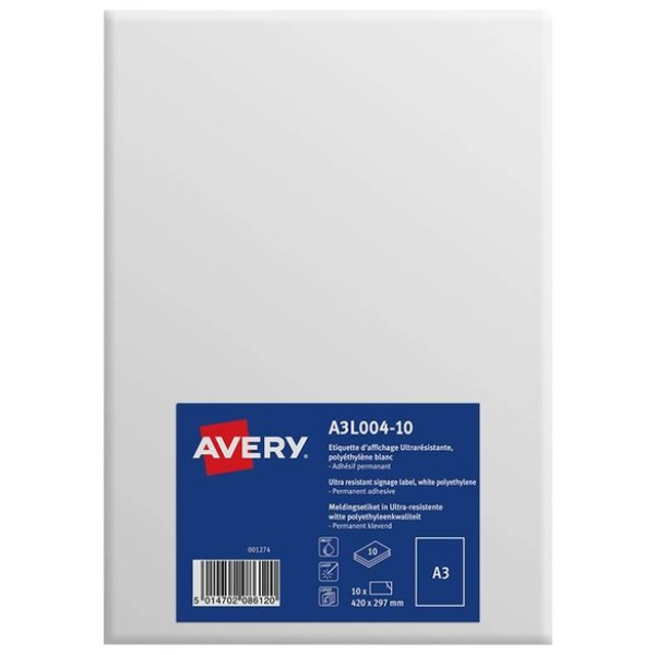 Etichette A3 in teslin Avery - da -40&deg;C a +150&deg;C - 297x420 mm - A3L004-10 (conf.10)