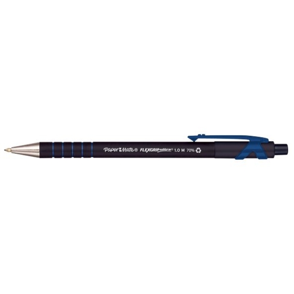 Penna a sfera a scatto Paper Mate FlexGrip Ultra Recycled blu - tratto 0,4  mm - fusto nero/blu (conf. 12)