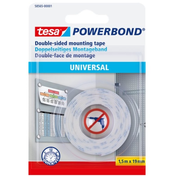 Biadesivo Universal Powerbond Tesa - blister - 1,5 mt x19 mm - bianco - 58565-00001-00