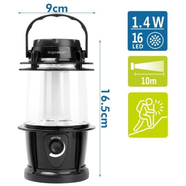 Lanterna LED nera 16led con gancio, con oscuramento a rotazione, batterie 3*AAA (non incluse) - 102703LWT - D02553