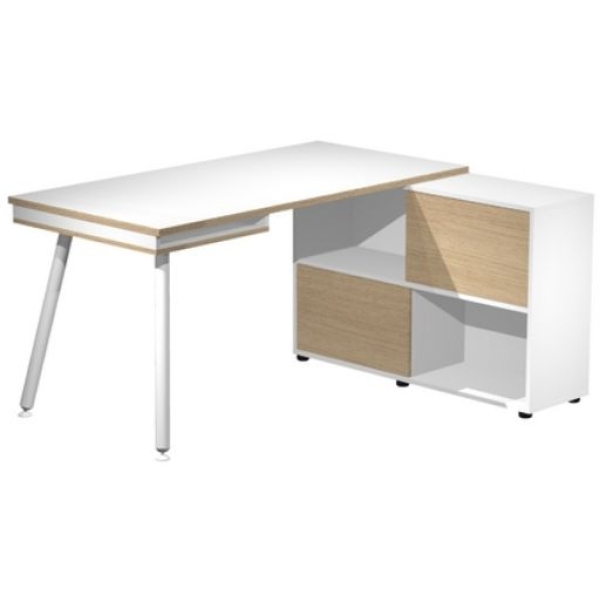Postazione di lavoro Smart Working gambe metal + contenitore, 160 x 160 x 81,5h, desktop, struttura contenitore e gambe bianche, ante rovere Linea 19130 Artexport - 19130-DJ-3C-AN - D02805