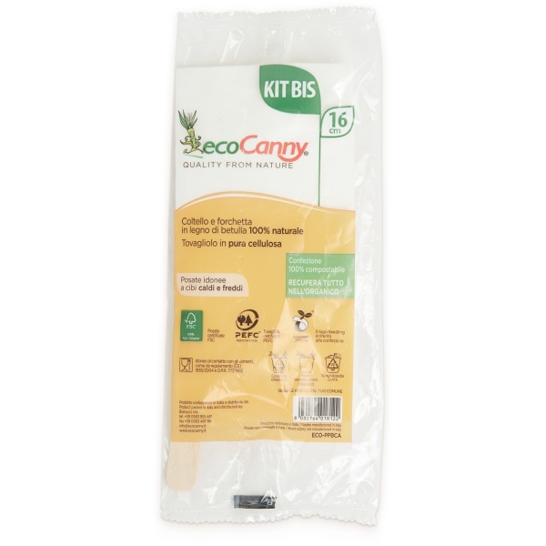 Eco kit forchetta e coltello bio-compostabile posate in legno di betulla 16,5 cm e tovagliolo a 2 veli 33x33 cm - D07056