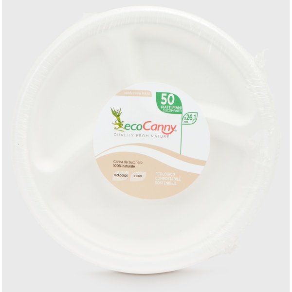 Eco piatti bio-compostabile linea party - piatto triscomparto 25,8 cm canna da zucchero - D07203