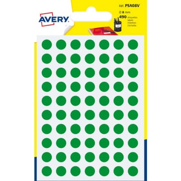 Etichette rotonde in bustina Avery - verde - diam. 8 mm - 70 - PSA08V (conf. 10 )