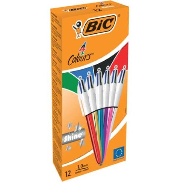 Penna a sfera 4 colori Bic Shine M multicolore - tratto 1 mm - fusto colori  assortiti (conf. 12)