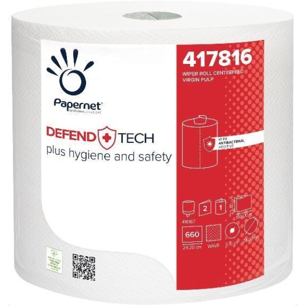 Bobina asciugatutto industriale Papernet Defend Tech - 2 veli 23,4x24,2 cm bianco pura cellulosa - 660 strappi - Y17486
