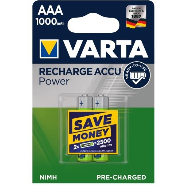 Hama Batterie Ricaricabili AAA 1,2V 1000mAh NiMH, Ricarica Rapida, Alta Potenza, 2 Pezzi, Per Telecomandi E Radio