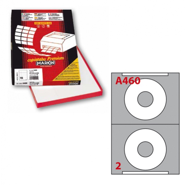 Etichetta adesiva a/460 bianca 100fg A4 x cd ø114,5mm foro 41mm (2et/fg) markin - Z00817
