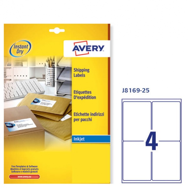Etichetta adesiva j8169 bianca 25fg A4 99,1x139mm (4et/fg) inkjet avery - Z01736