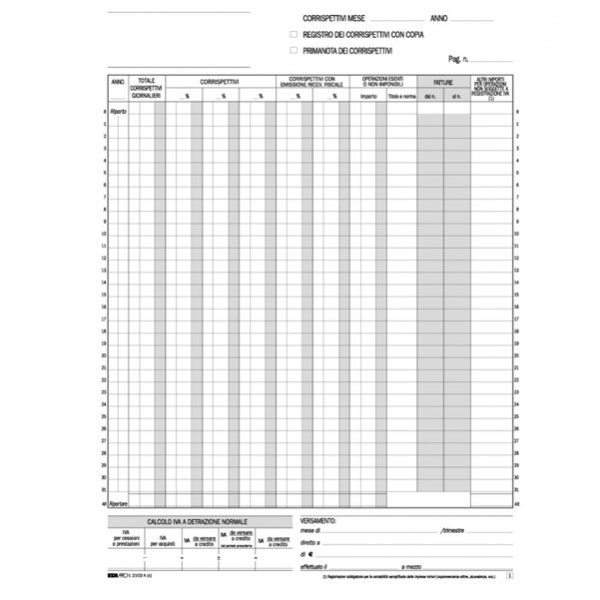 Registro prima nota iva corrispettivi 29,7x23 25/25 fg autoric. e2102a -  Z02582