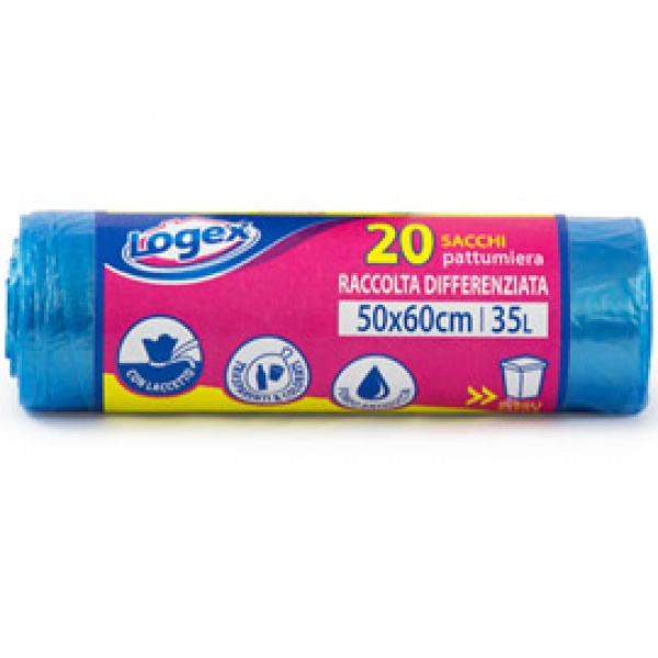 20 SACCHETTI IMMONDIZIA 50X60CM 35LT 9µ AZZURRO TRASP. LOGEX - Z05885