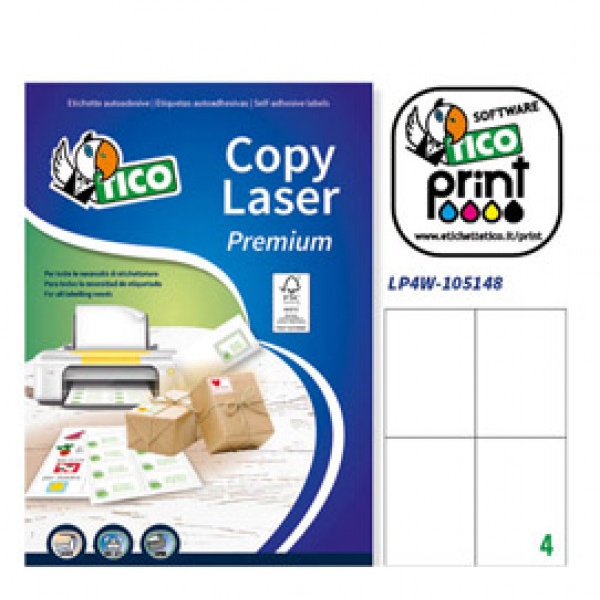 Etichetta adesiva LP4W bianca 100fg A4 105x148mm (4et/fg) Laser Tico - Z05888