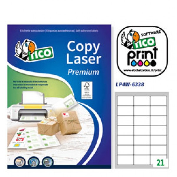 Etichetta adesiva LP4W bianca 100fg A4 63,5x38,1mm (21et/fg) Laser Tico - Z05891