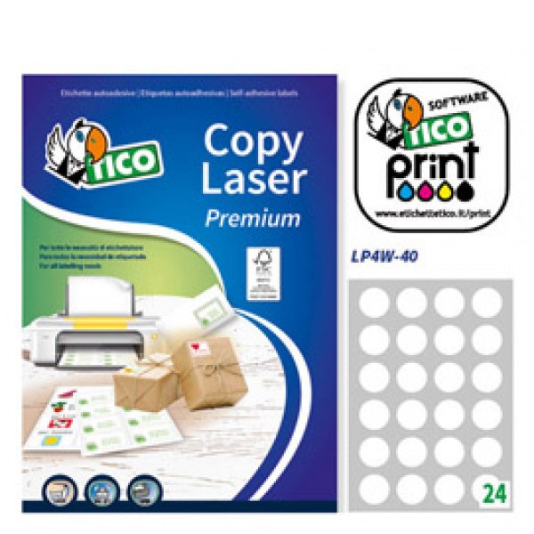 Etichetta adesiva LP4W bianca 100fg A4 tonda Ø40mm (24et/fg) Laser Tico - Z05906
