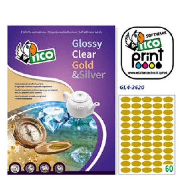 Etichetta adesiva GL4 ovale oro satinata 100fg A4 36x20mm (60et/fg) Tico - Z05913