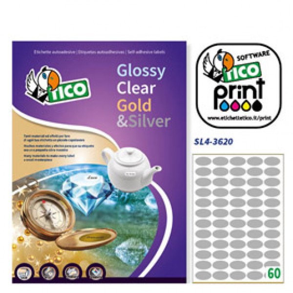 Etichetta adesiva SL4 ovale argento satinata 100fg A4 36x20mm (60et/fg) Tico - Z05915