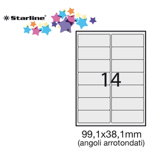 Etichetta adesiva bianca 100fg A4 99,1x38,1mm (14et/fg) angoli tondi starline - Z09101