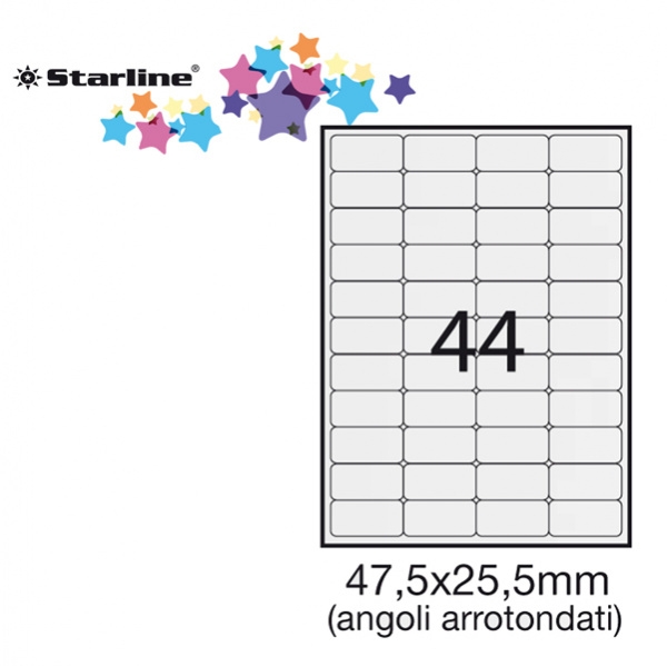 Etichetta adesiva bianca 100fg A4 47,5x25,5mm (44et/fg) angoli tondi starline - Z09105