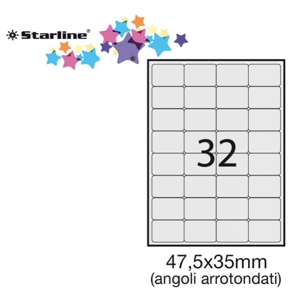 Etichetta adesiva bianca 100fg A4 47,5x35mm (32et/fg) angoli tondi starline - Z09108