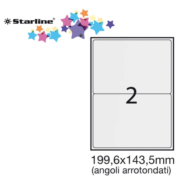Etichetta adesiva bianca 100fg A4 199,6x143,5mm (2et/fg) angoli tondi starline - Z09111