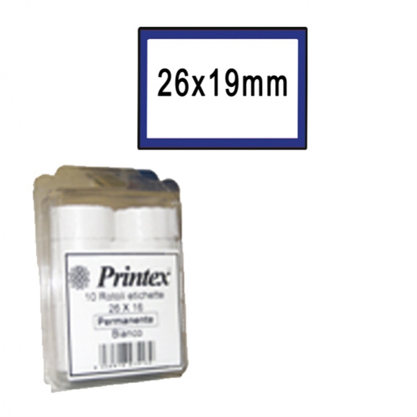 Pack 10 rotoli 600 etich. 26x19mm bianco remov. cornice blu printex - Z10991