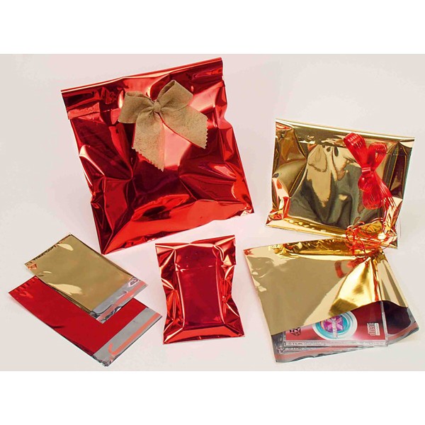 50 buste regalo in ppl metal lucido 16x21+4cm oro con patella adesiva - Z11351