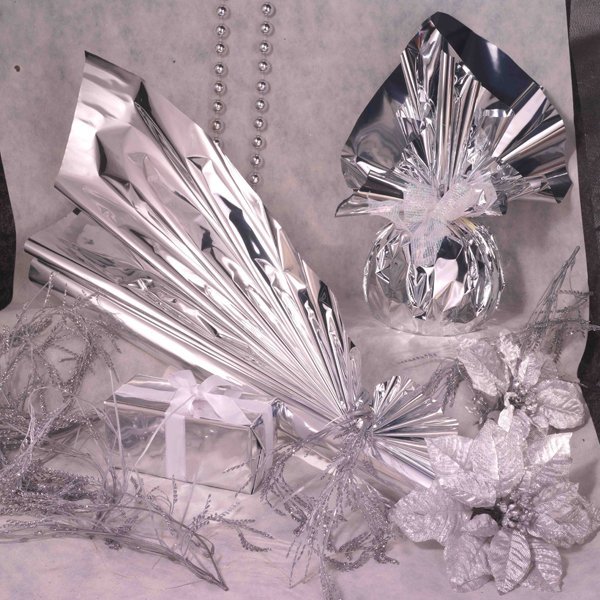 50 buste regalo in ppl metal lucido 16x21+4cm argento con patella adesiva - Z11352