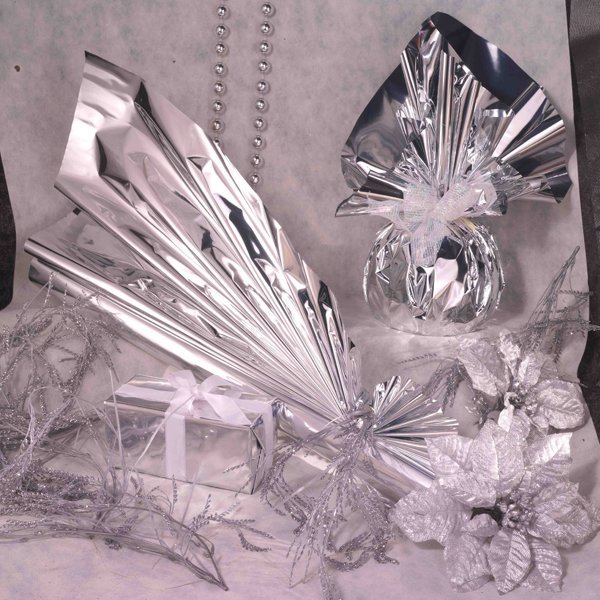 50 buste regalo in ppl metal lucido 25x40+5cm argento con patella adesiva - Z11358