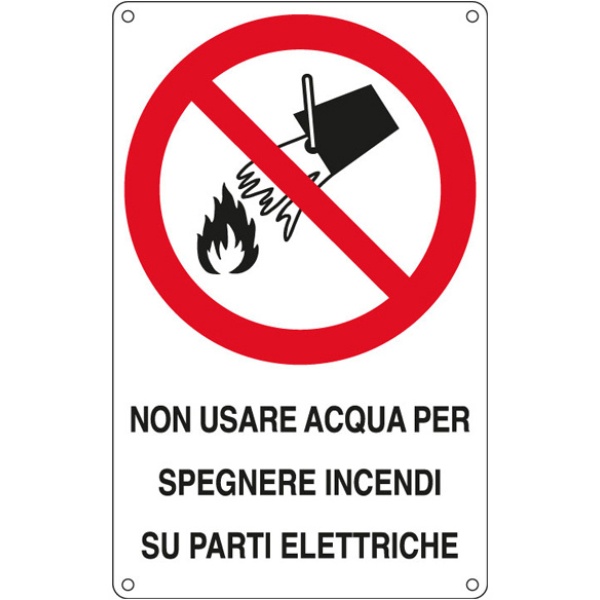 Cartello alluminio 16,6x26,2cm 'non usare acqua per spegnere incendi su..." - Z12161