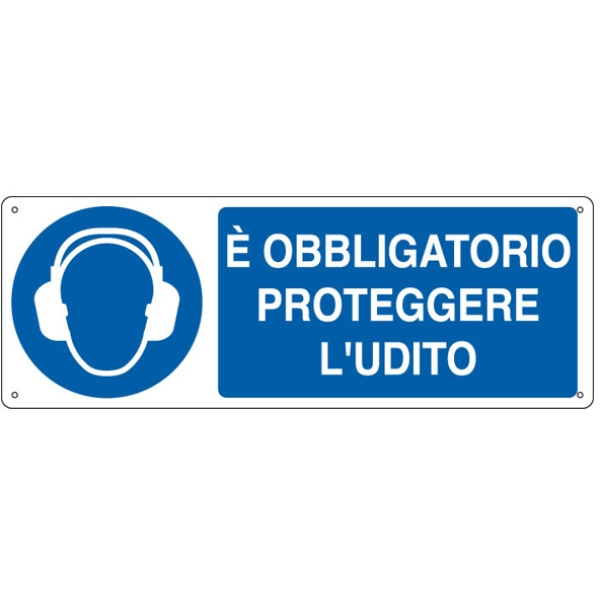 Cartello alluminio 35x12,5cm 'e' obligatorio proteggere l'udito" - Z12169