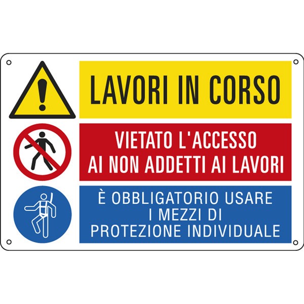 Cartello alluminio 50x33,3cm 'lavori in corso / e' vietato../ e' obbligato' - Z12182