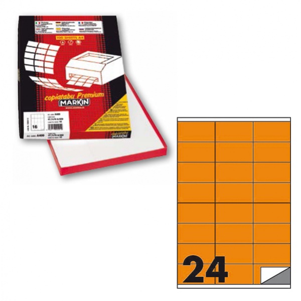 Etichetta adesiva c/500 arancio fluo 100fg A4 70x36mm (24et/fg) markin - Z12356