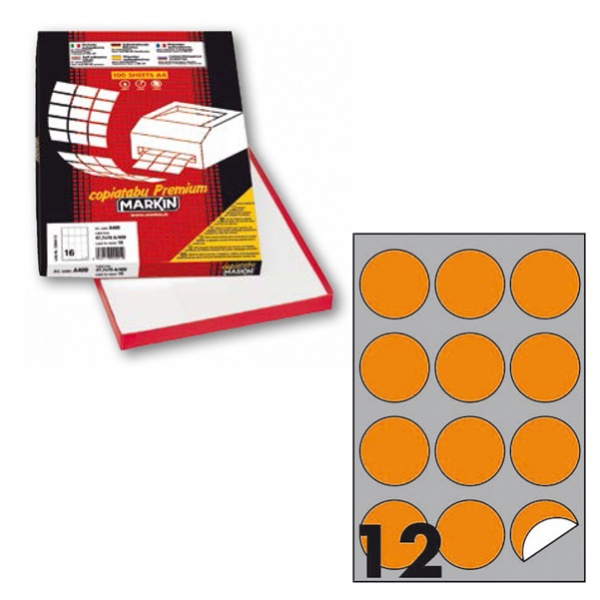 Etichetta adesiva r/310 arancio fluo 100fg A4 tonda ø60mm (12et/fg) markin - Z12376