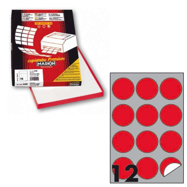 Etichetta adesiva r/310 rosso fluo 100fg A4 tonda ø60mm (12et/fg) markin - Z12378