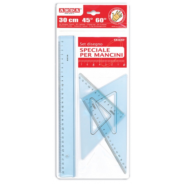 Set disegno per mancini riga 30cm e squadre da 45° e 60° arda - Z12711