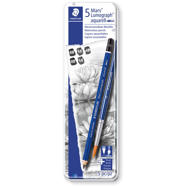 Astuccio metallo 5 matite+pennello Mars® Lumograph® acquerell. 3 grad.Staedtler - Z13371