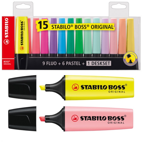 DESKSET 15 EVIDENZIATORI BOSS 70 COLORI FLUO+PASTEL STABILO - Z13646