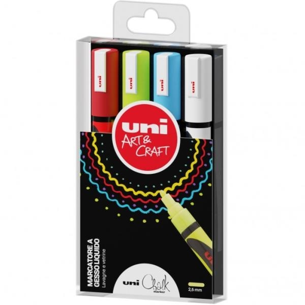 Busta 4 marcatore a gesso liquido UNI CHALK p.tonda col.assortiti UNI - Z13981
